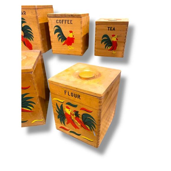 Set of 5 Nesting Wooden Canisters Vintage Rooster Cookies Flour Sugar Coffee Tea - Picture 3 of 8